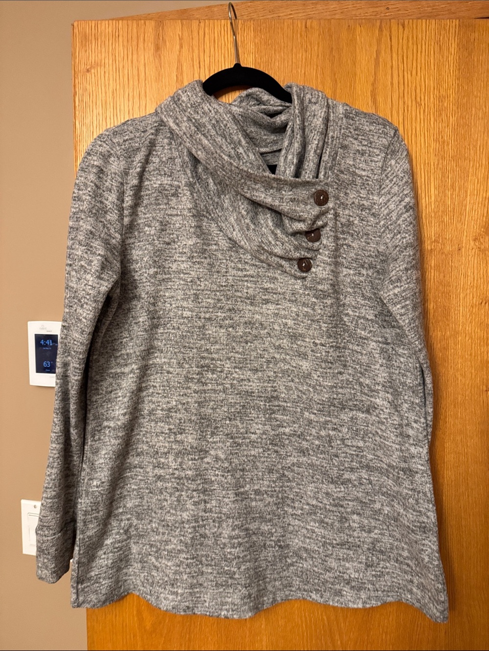 Heather Gray Button-Detail Cowl Neck Sweater